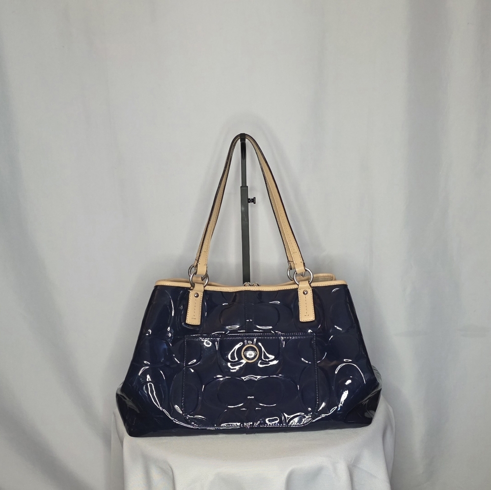 Coach Patent Leather Signature Tote – Navy Blue with Tan Trim, Leather Handles - Picture 7 of 11